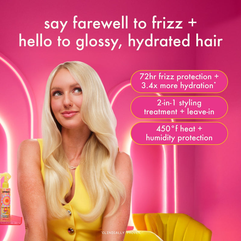 image depicts a blonde model with shiny, smooth hair. text reads: "say farewell to frizz + hello to glossy, hydrated hair. 72hr frizz protection + 3.4x more hydration*. 2-in-1 styling treatment + leave-in. 450°f heat + humidity protection." *clinically proven. 