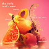 amika fragrance infographic: text: "the iconic amika scent". image of ingredients: apricot, lily of the valley, sandalwood, pink grapefruit and vanilla