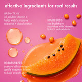 Papaya slice with oil droplets on a pink background, highlighting effective ingredients for skin care.
