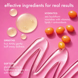 pink background with glossy gel texture, clear liquid droplets, and orange sea buckthorn berries. shower thoughts contains effective ingredients for real results. 