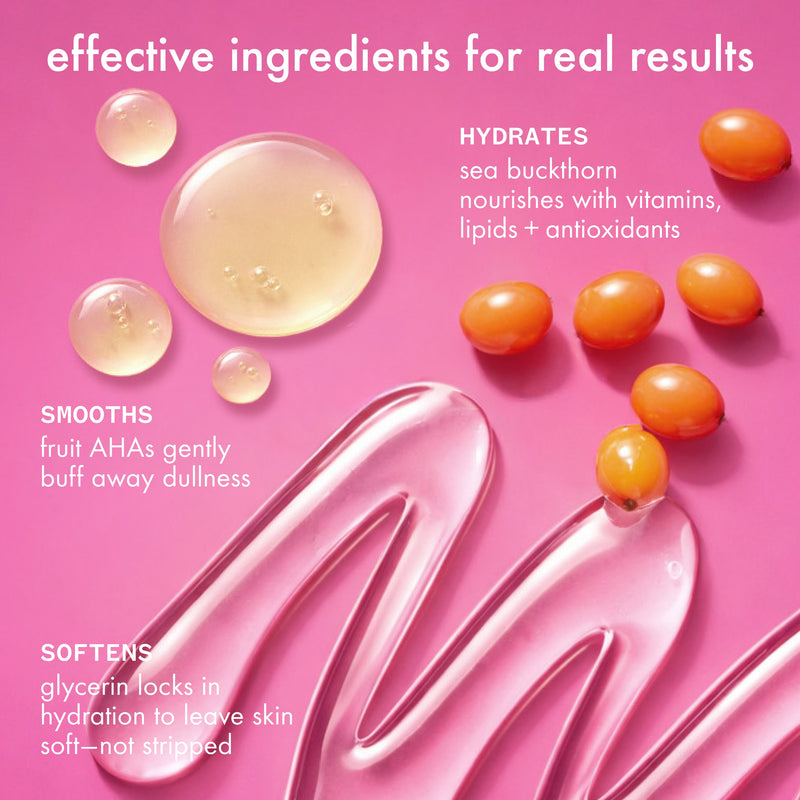 pink background with glossy gel texture, clear liquid droplets, and orange sea buckthorn berries. shower thoughts contains effective ingredients for real results. 