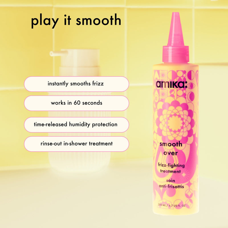 play it smooth with amika's smooth over frizz-fighting treatment: instantly smooths frizz, works in 60 seconds, time-relased humidity protection, rinse-out in-shower treatment. 