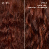 Hair texture comparison. Before shows hair with visible frizz. After shows smoother, shinier hair with enhanced color vibrancy and reduced frizz. Overlay text reads: "protects color, strengthens + boosts shine."