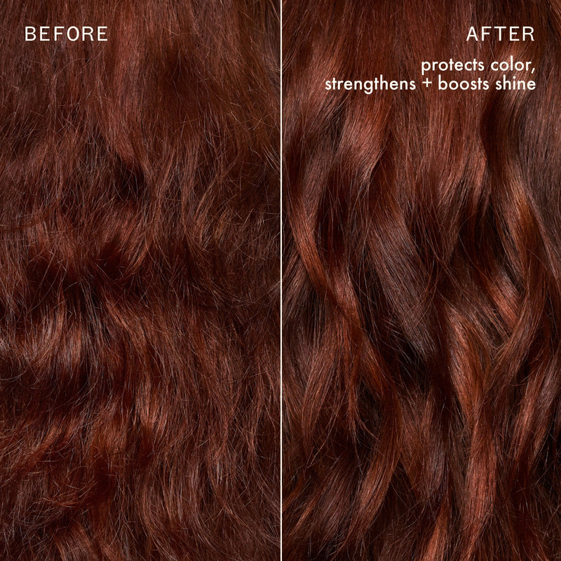 Hair texture comparison. Before shows hair with visible frizz. After shows smoother, shinier hair with enhanced color vibrancy and reduced frizz. Overlay text reads: "protects color, strengthens + boosts shine."