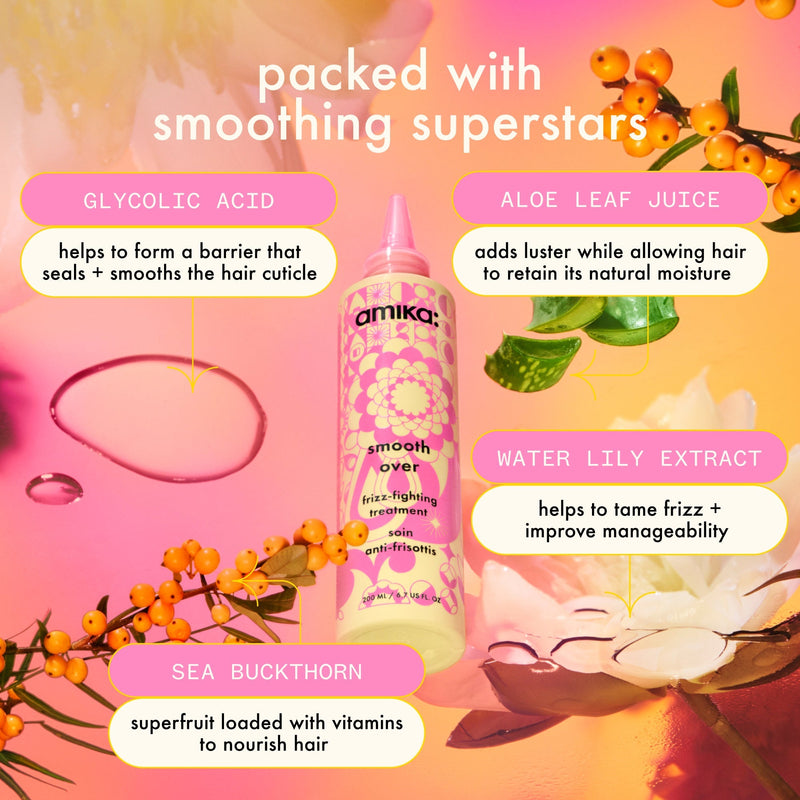 smooth over is packed with smoothing superstars: glycolic acid-helps to form a barrier that seals + smooths the hair cuticle. aloe leaf juice-adds luster while allowing hair to retain its natural moisture. water lily extract-helps to tame frizz + improve manageability. sea buckthorn-superfruit loaded with vitamins to nourish hair. 