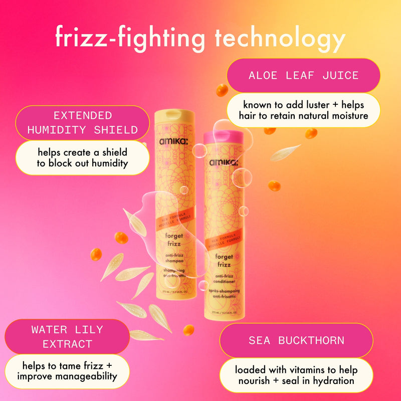 image of forget frizz wash duo surrounded by its key ingredients. text reads: "aloe leaf juice is known to add luster + helps hair to retain natural moisture. extended humidity shield helps create a shield to block out humidity. water lily extract helps to tame frizz + improve manageability. sea buckthorn is loaded with vitamins to help nourish + seal in hydration."