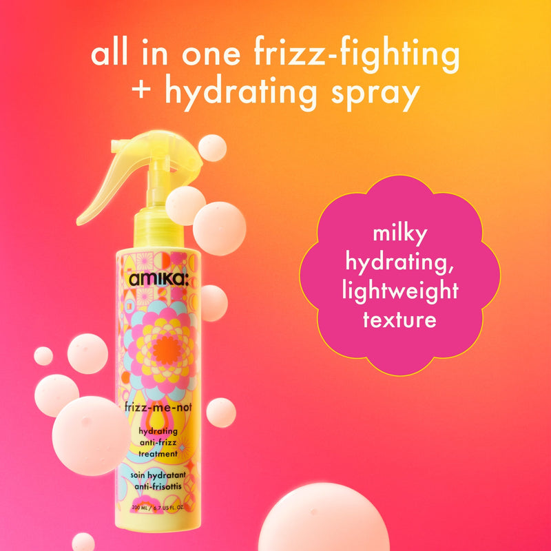 image of frizz-me-not surrounded by droplets. text reads: "all in one frizz-fighting + hydrating spray. milky hydrating, lightweight texture."