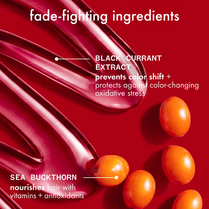 Red background with ingredient textures. Text reads: "Black Currant Extract prevents color shift, protects against oxidative stress. Sea Buckthorn nourishes with vitamins and antioxidants".
