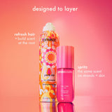 image of perk up dry shampoo and amika:aura hair + body mist against an orange and pink background. title: "designed to layer", text: "refresh hair + build scent at the root." and "spritz the same scent on strands + skin."