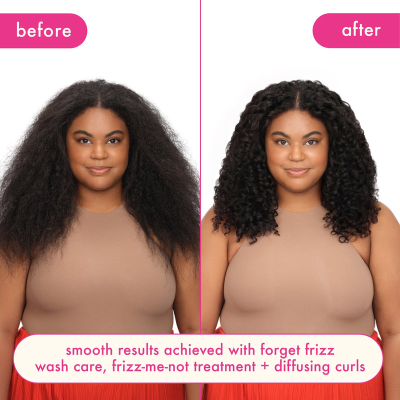 before and after image of a model's curly hair. before image on the left depicts frizzy hair. the image of the right shows smooth hair. text reads: "smooth results achieved with forget frizz wash care, frizz-me-not treatment + diffusing curls."