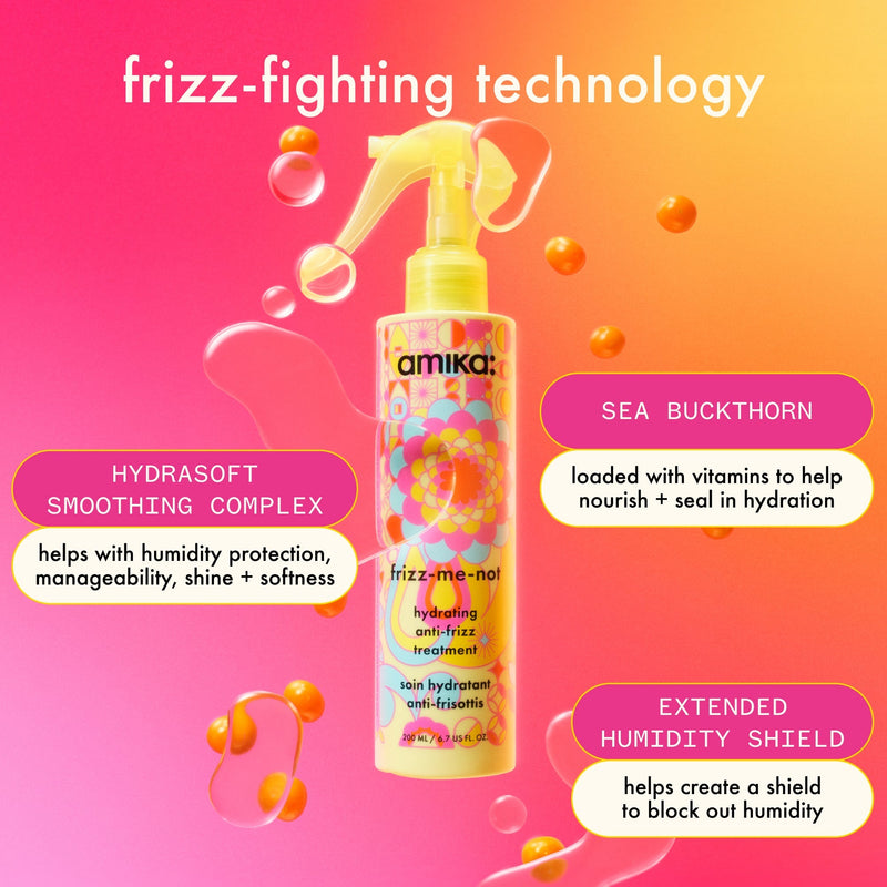 image of frizz-me-not surrounded by its key ingredients. text reads: "frizz-fighting technology. sea buckthorn is loaded with vitamins to help nourish + seal in hydration. hydrasoft smoothing complex helps with humidity protection, manageability, shine + softness. extended humidity shield helps create a shield to block out humidity. " 