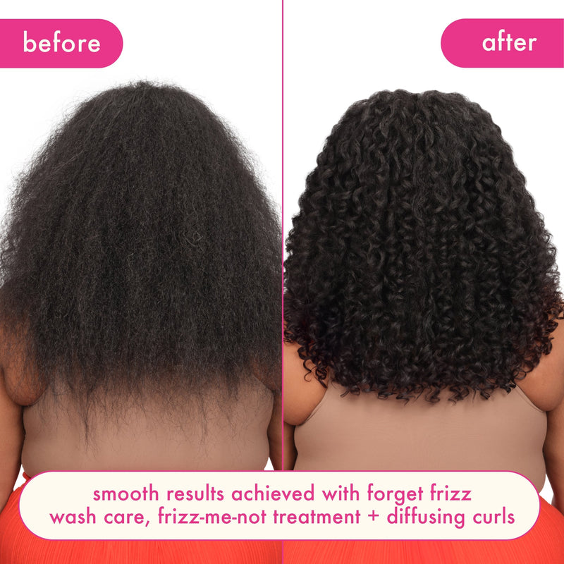 before and after image of a model's curly hair. before image on the left depicts frizzy hair. the image of the right shows smooth hair. text reads: "smooth results achieved with forget frizz wash care, frizz-me-not treatment + diffusing curls."
