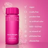 Pink bottle of Amika shower thoughts body wash on a pink background with product features listed.
