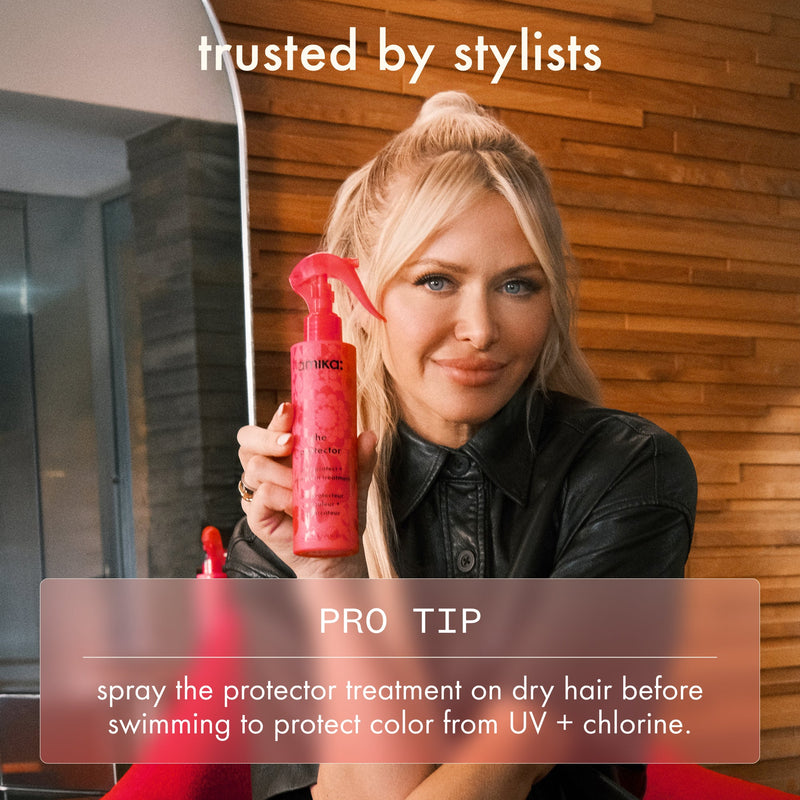 professional stylist hold the protector treatment. text reads: "PRO TIP" with text: "spray the protector treatment on dry hair before swimming to protect color from UV + chlorine."