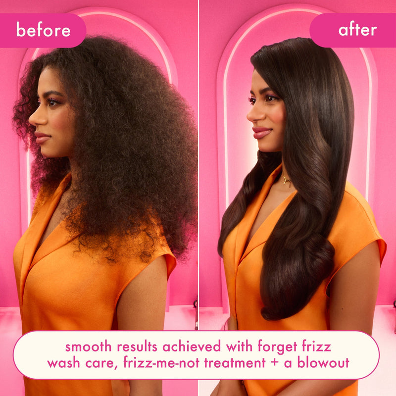 before and after image of a model's hair. before image on the left depicts frizzy hair. the image of the right shows smooth hair. text reads: "smooth results achieved with forget frizz wash care, frizz-me-not treatment + a blowout."