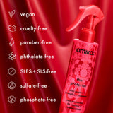 the protector treatment displayed against a gradient red background. Icon list with text reads: vegan, cruelty-free, paraben-free, phthalate-free, SLES + SLS-free, sulfate-free, phosphate-free.