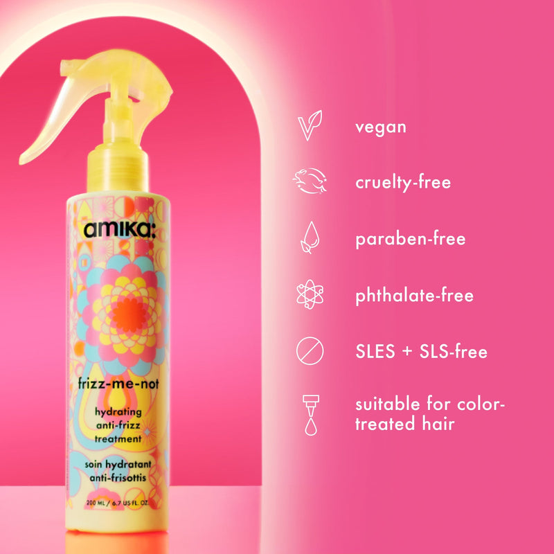 frizz-me-not is vegan, cruelty-free, paraben-free, phthalate-free, SLES + SLS-free, and suitable for color-treated hair. 