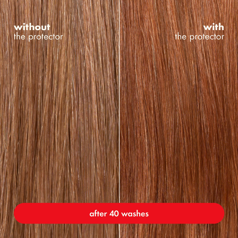 A split-screen comparison showing hair texture and color after 40 washes, labeled 'without the protector' on the left and 'with the protector' on the right, with a red banner at the bottom reading 'after 40 washes'.