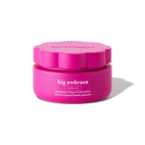 Pink jar of 'big embrace' body butter with a white background. big embrace | smoothing whipped body butter 250ml